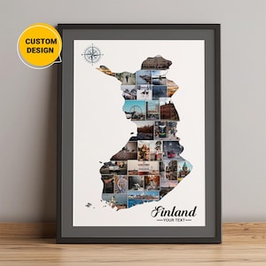 Aangepaste cadeaus Finland kaart, fotocollagekaart van Finland, kaart land van Finland, kaart Europa Finland, wereldkaart Finland, kaartcollagekunst