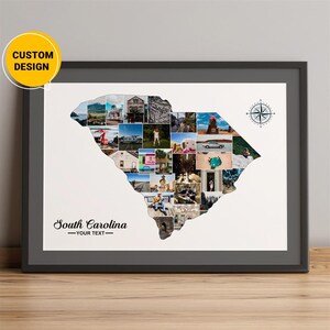 Gepersonaliseerde kaart van South Carolina, fotocollagekaart van South Carolina, kaart van steden South Carolina, kaart South Carolina, wereldkaart kunst aan de muur