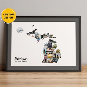 Carte personnalisée du Michigan, carte du Michigan avec collage photo, carte des comtés du Michigan, carte de l'État du Michigan, carte des villes du Michigan, collage de voyage
