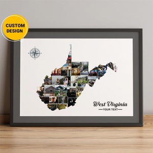 Aangepaste kaart van West-Virginia, fotocollagekaart van steden in West-Virginia, stadskaart van West-Virginia, staatskaart West-Virginia, kaart kunst aan de muur