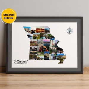 Carte personnalisée du Missouri, carte du Missouri avec collage photo, carte du voyageur Modot, cadeaux carte de l'État du Missouri, plan de la ville du Missouri, art mural carte
