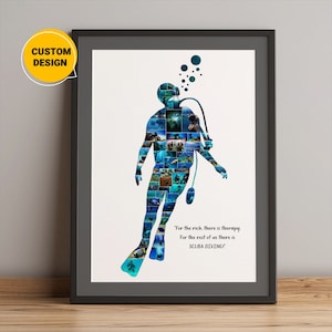 Colagem de fotos de mergulho personalizada, presentes para mergulhadores, presente de mergulho exclusivo, presente de treinador de mergulho, presente de mergulho em alto mar, mergulhador de arte, ideias de presentes de mergulho