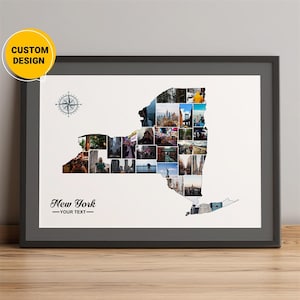 Carte de New York personnalisée, collage photo de carte de New York, carte de l'État de New York, cadeaux de carte du comté de New York, meilleur cadeau de Noël, art mural carte