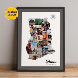 Gepersonaliseerde kaart Ghana, fotocollagekaart van Ghana, land Ghana kaart cadeaus, Ghana Afrika kaart kunst aan de muur, unieke cadeaus voor kerst