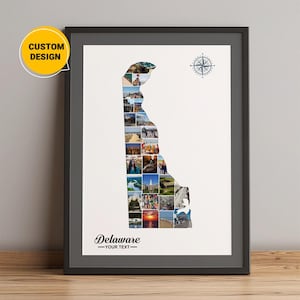 Gepersonaliseerde kaart van Delaware, fotocollagekaart van Delaware, kaart van de staat Delaware, kaart van Delaware County, kaart van Delaware VS, beste kerstcadeau