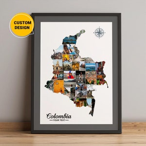 Mapa de Colombia con collage de fotos personalizado, mapa de Colombia con collage de fotos, mapa del país de Colombia, mapa de la República de Colombia, arte mural con mapas del mundo