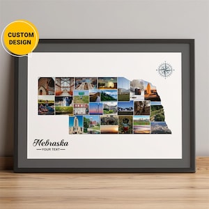 Aangepaste fotocollage kaart Nebraska, kaartcollage van Nebraska, kaart van steden Nebraska, kaartcollage beste kerstcadeau, kaart Nebraska op ons kaart