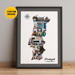 Kundenspezifische Portugal-Karte, Fotocollage-Karte von Portugal, Portugal-Karte in Europa, portugiesische Landkarte, Portugal auf der Map Map Wandkunst