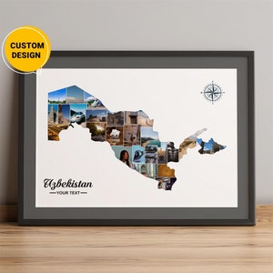 Aangepaste kaart van Oezbekistan, fotocollagekaart van Oezbekistan, kaart van de Republiek Oezbekistan, Oezbekistan-kaart Azië, Oezbekistan landkaart kunst aan de muur