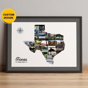 Aangepaste collage kaart van Texas, fotokaart van Texas, kaart van Texas met steden, kaart van Texas Verenigde Staten, kaart van de staat Texas aan de muur, beste kerstcadeau