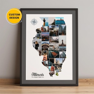 L'Illinois personnalisé sur la carte, carte de collage de photos de l'état de l'Illinois, carte de l'Illinois Etats-Unis, Illinois sur la carte art mural, cadeau de Noël de collage de carte