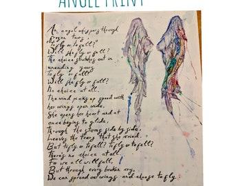 Poetry Wall Art Print A3, Angels, Watercolor, Home Decor Print, Vintage Style