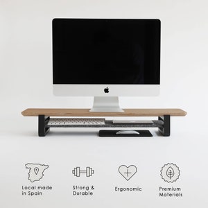 Stojak na pojedynczy monitor: Półka na komputer z drewna dębowego do domowego biura, organizer na biurko i ergonomiczna podstawka pod monitor