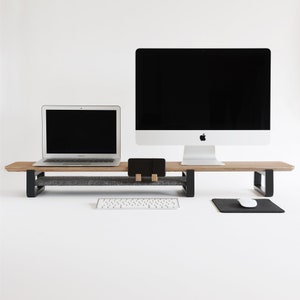 Dual Monitor Stand Setup : Large wooden computer desk shelf in Oak, Stylish monitor riser for home office and workspace storage organizer