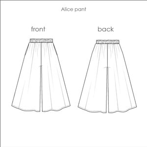 Puede incluir: Dibujo de l&iacute;nea de un pantal&oacute;n de pierna ancha con vista frontal y posterior. El pantal&oacute;n tiene una cintura ancha y una pierna recta. El texto "Alice pant" y "front" y "back" est&aacute;n incluidos en la imagen.