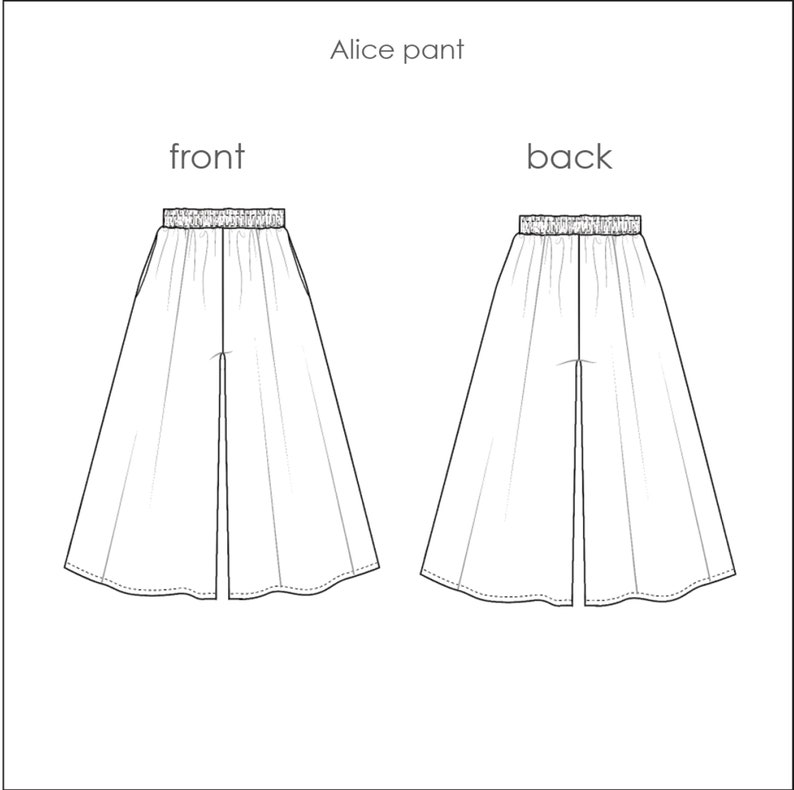 Puede incluir: Dibujo de l&iacute;nea de un pantal&oacute;n de pierna ancha con vista frontal y posterior. El pantal&oacute;n tiene una cintura ancha y una pierna recta. El texto "Alice pant" y "front" y "back" est&aacute;n incluidos en la imagen.