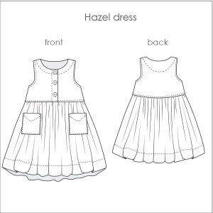 May include: A line drawing of a sleeveless dress with a button-up front and two pockets. The dress is labeled "front" and "back" in the image.