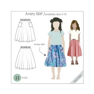 Può includere: Un cartamodello per una gonna chiamata Avery Skirt. Il cartamodello è disponibile nelle taglie 3-10. Il cartamodello è facile da cucire ed è realizzato per tessuto tessuto. Il cartamodello include un disegno a linea della gonna e una foto di una ragazza che indossa la gonna.