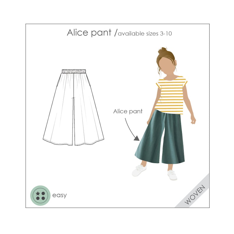 Puede incluir: Un dibujo de l&iacute;nea de pantalones anchos con una abertura frontal. Una ni&ntilde;a lleva un par de pantalones color teal con una camisa a rayas amarillas y blancas. El texto "Alice pant / available sizes 3-10" est&aacute; en la parte superior de la imagen. El texto "Alice pant" est&aacute; escrito junto a una flecha que apunta a los pantalones de la ni&ntilde;a. El texto "easy" est&aacute; debajo de un bot&oacute;n con tres estrellas. El texto "woven" est&aacute; en la parte inferior derecha de la imagen.