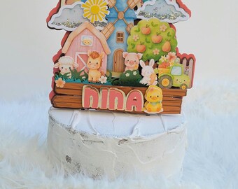 Farm Theme Cake Topper – Personalized Name – Rustic Barnyard Animals Birthday Decoration