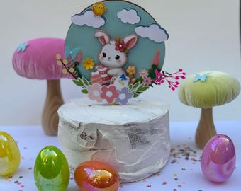 Handmade Easter Cake Topper – Bunny, Eggs, and Flowers – Customizable Cake Decoration