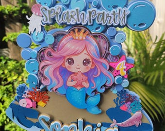 Mermaid Birthday Cake Topper - Personalized Name & Age | Caketopper Fiesta Sirenita Cumpleaños
