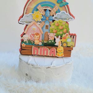 Farm Theme Cake Topper – Personalized Name – Rustic Barnyard Animals Birthday Decoration