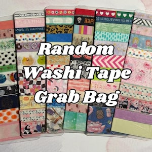 May include: A collection of washi tape rolls in a variety of colors and patterns, including floral, geometric, and character designs. The text "Random Washi Tape Grab Bag" is displayed in the center of the image.