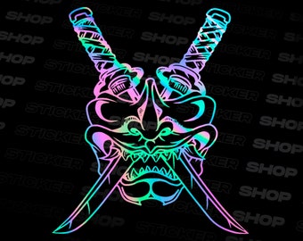 Samurai Katana JDM Oil Slick Sticker Oni Mask - Anime Decal - Japan Car - Window Decal - Bumper - Japanese - Windshield Decal - Endless KDM