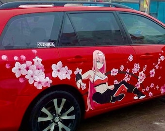 Anime Girl with Sakura car livery -  Cherry Blossom large vinyl die cut decal sticker - tyan kawaii wrap graphics