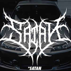 Naklejka Satan Death Metal Horror na szybę samochodową - Twój własny tekst - łatwo dostosuj przednią szybę swojego pojazdu Pasuje do każdego rodzaju szyb samochodowych