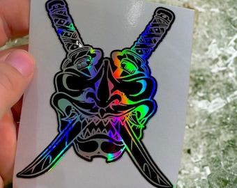 Pegatina Samurai Katana JDM Oil Slick Máscara Oni - Calcomanía Anime Japón Coche - Calcomanía para Ventana - Parachoques - Japonés - Accesorios para Vehículos Japón
