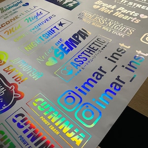 Custom Oil slick Decal sticker logo - Any text or silhouette Image = Holographic Label Emblem - Lettering or Phrase for Car Laptop Business