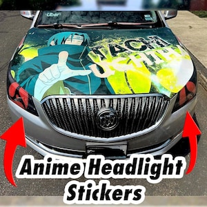May include: Silver car with a custom hood wrap featuring an anime character in blue and green. The headlights are accented with red and black stickers. Text on the hood reads "TACHI UCHI". The image also shows "Anime Headlight Stickers".