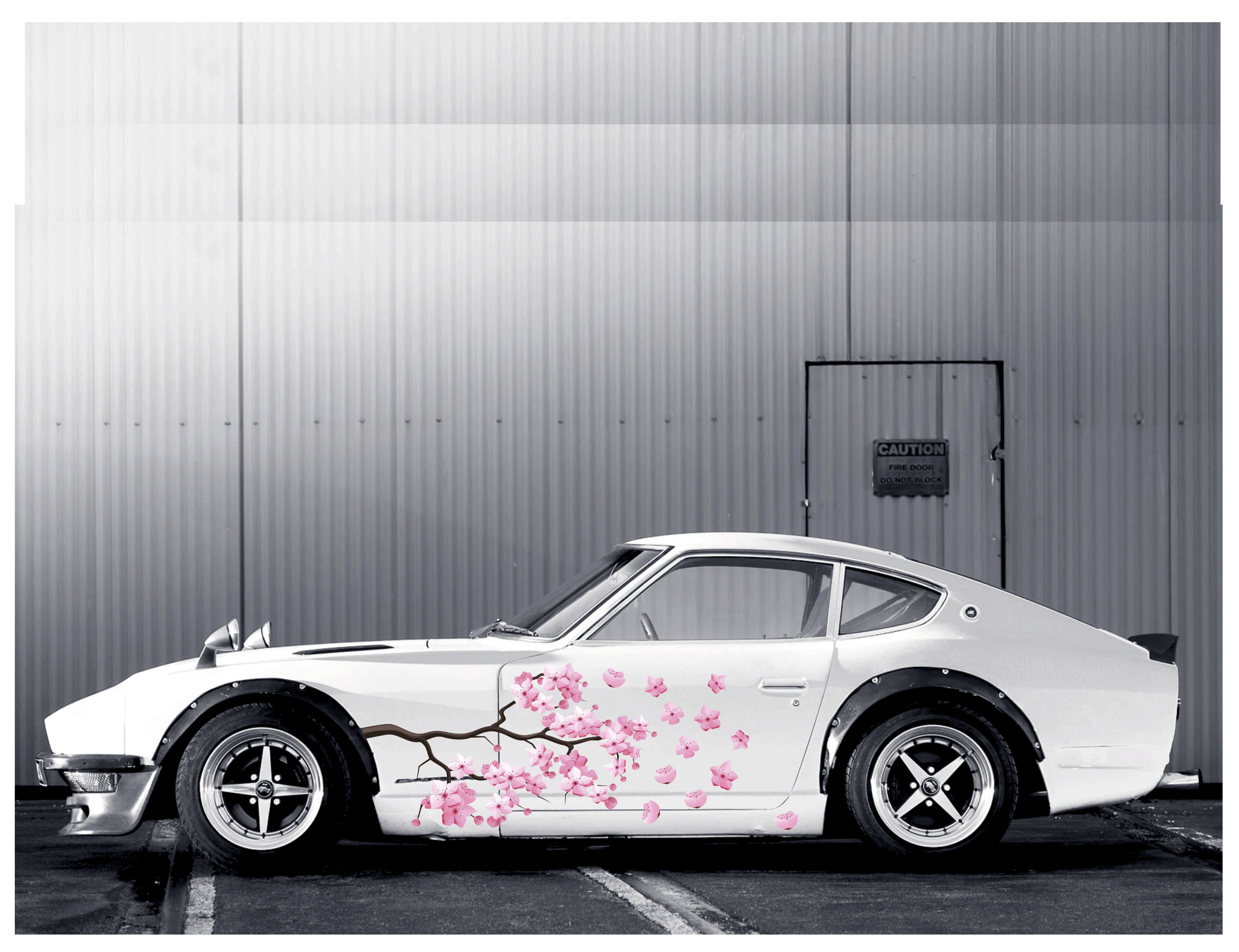 Sakura Blossoms and Vintage Cars in a Junkyard · Creative Fabrica