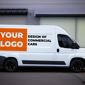 May include: A white commercial van with black wheels and trim. The van has an orange square with the words "YOUR LOGO" in white. The text "DESIGN OF COMMERCIAL CARS" is also visible on the side of the van.