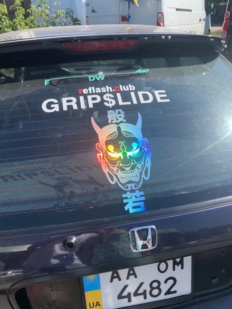 Oni Mask Goon Decal Sticker Japanese skull - for your car or truck window, hood etc - oil slick color vinyl material image 3
