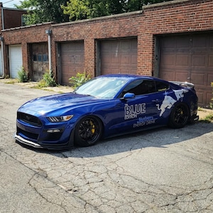 Puede incluir: Un coche deportivo Ford Mustang azul con llantas negras, pinzas de freno amarillas, un divisor delantero y un alerón trasero. El lateral del vehículo muestra gráficos blancos de Red Bull y el texto The Blue Edition Blueberry Energy Drink.