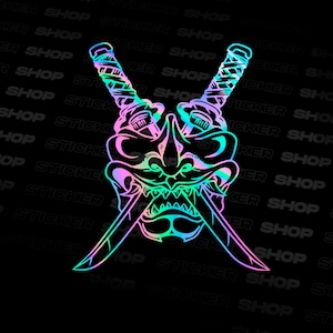 Samurai Katana JDM Oil Slick Sticker Oni Mask - Anime Decal - Japan Car - Raamstickers - Bumper - Japans - Sticker voorruit - Eindeloze KDM