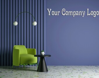 Puede incluir: Un sillón verde con una mesa auxiliar negra y una pequeña planta en maceta se encuentra frente a una pared azul con líneas verticales. El texto "Your Company Logo" está escrito en blanco en la pared.