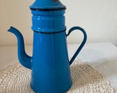 Beautiful Decorative French Vintage Enameled Coffee Pot in Blue Flower Vase Garden Decoration Interior Display Piece
