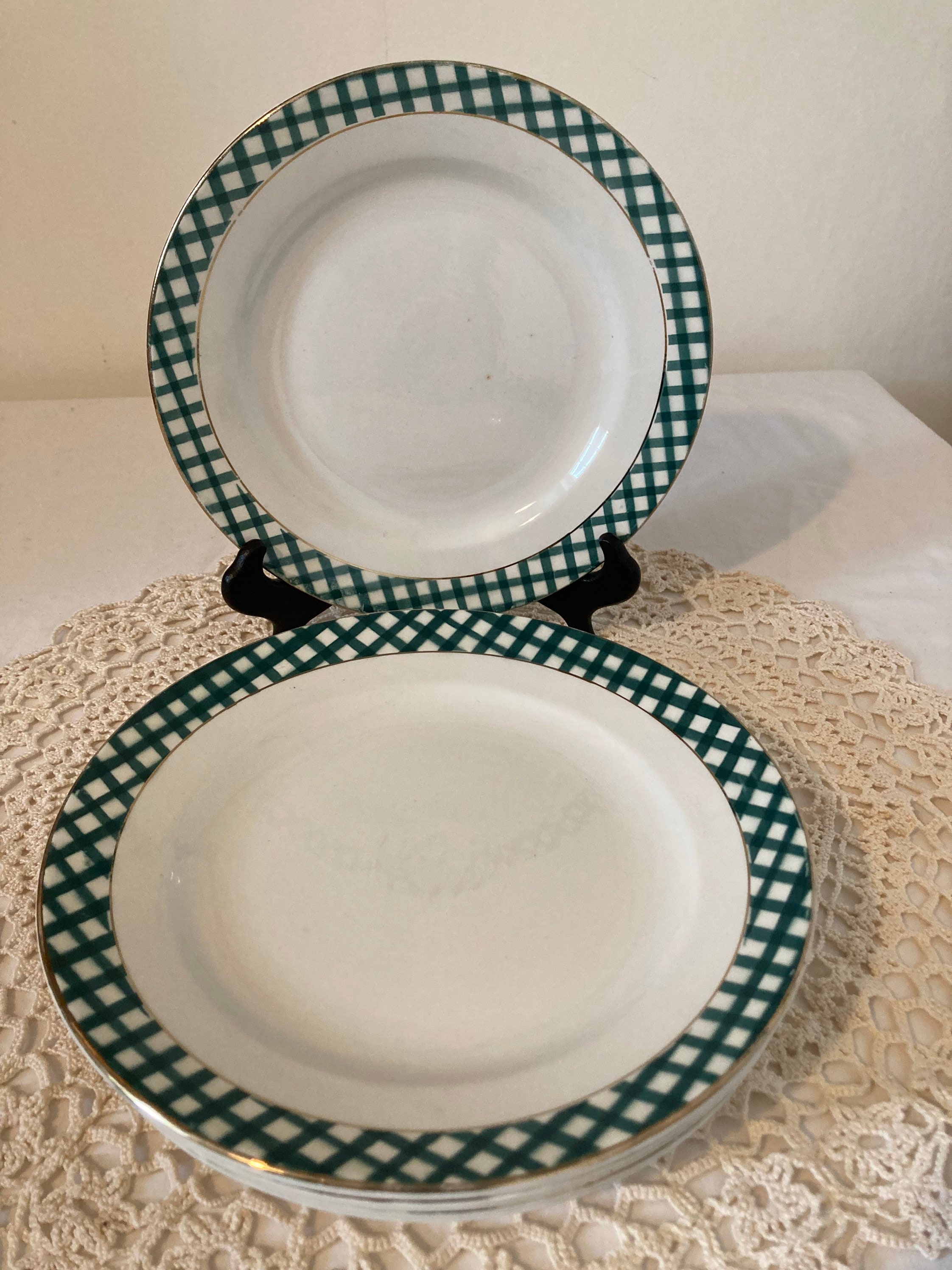 Bel Ensemble de 6 Français Vintage Sarreguemines et Digoin Ecossais Assiettes Tartan Vert Jante Or