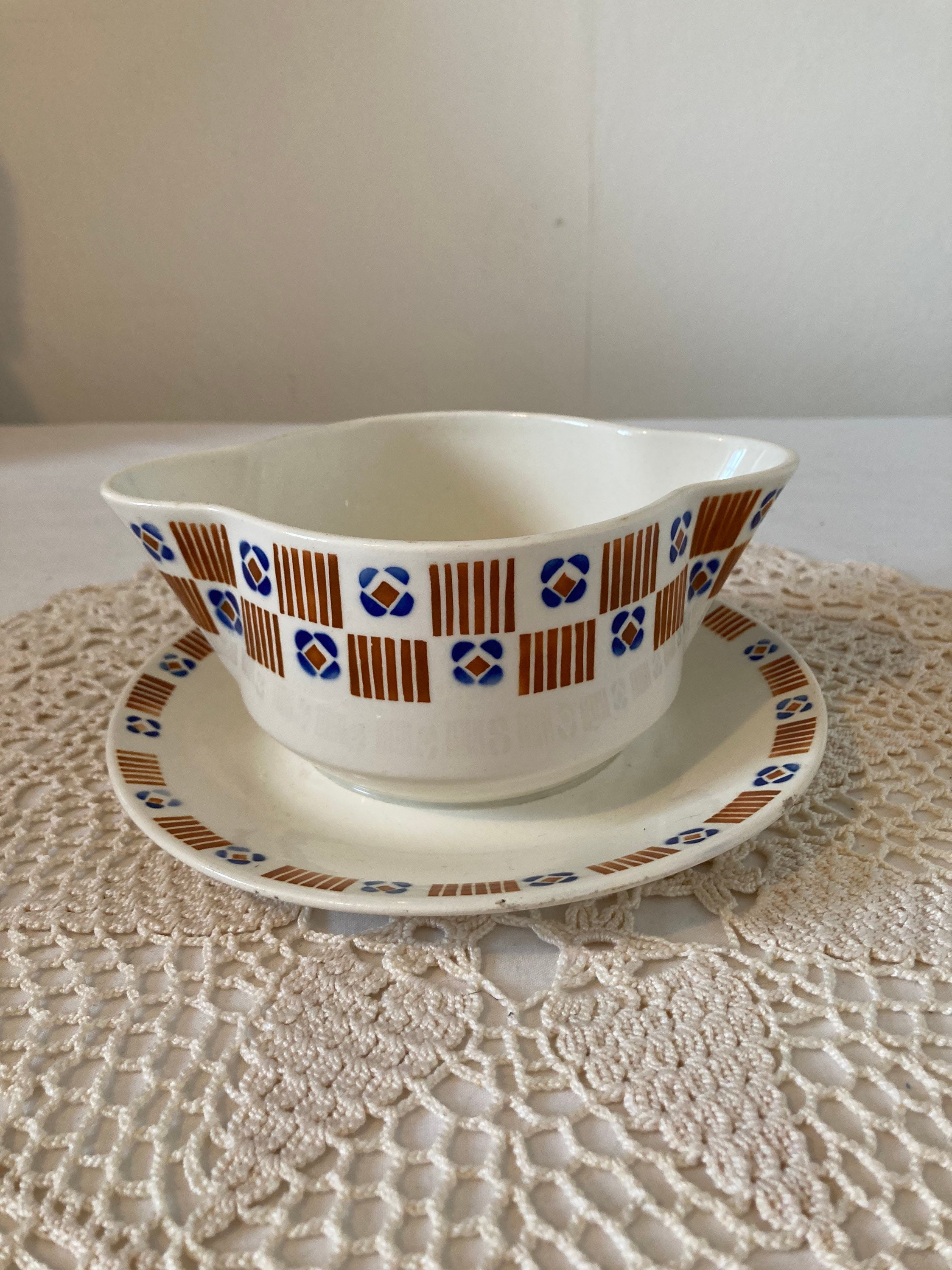 Belle Badonviller Français Vintage Antique Saucier Sauce Bateau Bol Pivolo Design 1900 Lignes Orange