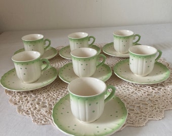 Gorgeous French Vintage Salins Les Bains Cups and Saucers Off White and Green with Green Spots Set of 7 Hand Painted Small Espresso Set