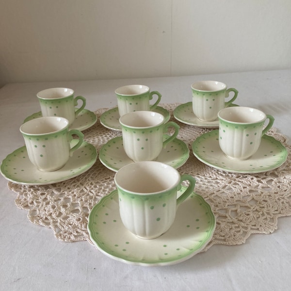 Gorgeous French Vintage Salins Les Bains Cups and Saucers Off White and Green with Green Spots Set of 7 Hand Painted Small Espresso Set