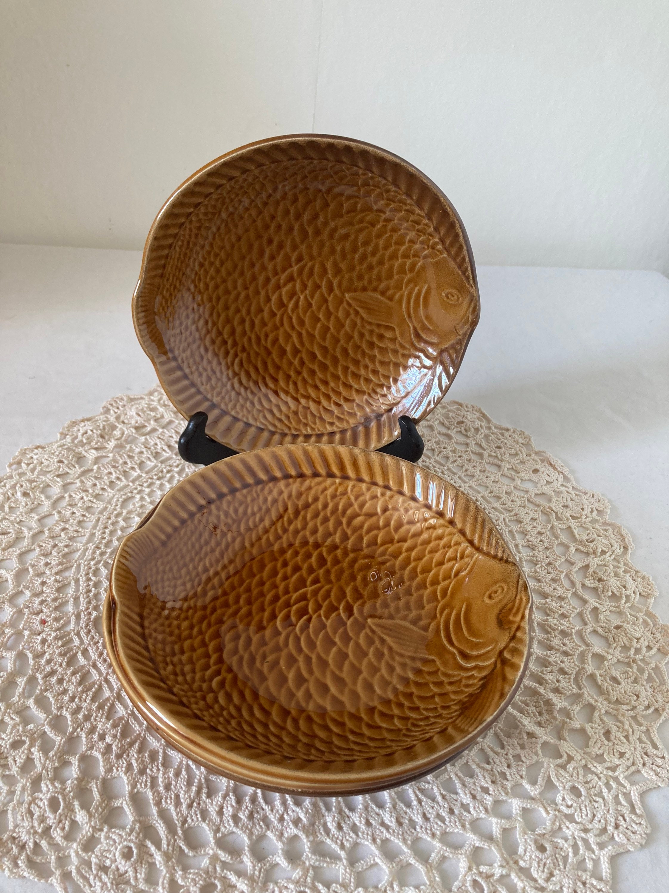 Belle Français Vintage Sarreguemines Majolica Fish Design Set de 4 Bols Assiettes Profondes Pâtes Pl