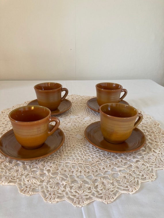 Set of 4 French Vintage Arcopal Volcan Cups and Saucers Coffee Esspresso  Tea Orange Terra-cotta Tempered Glass Retro 