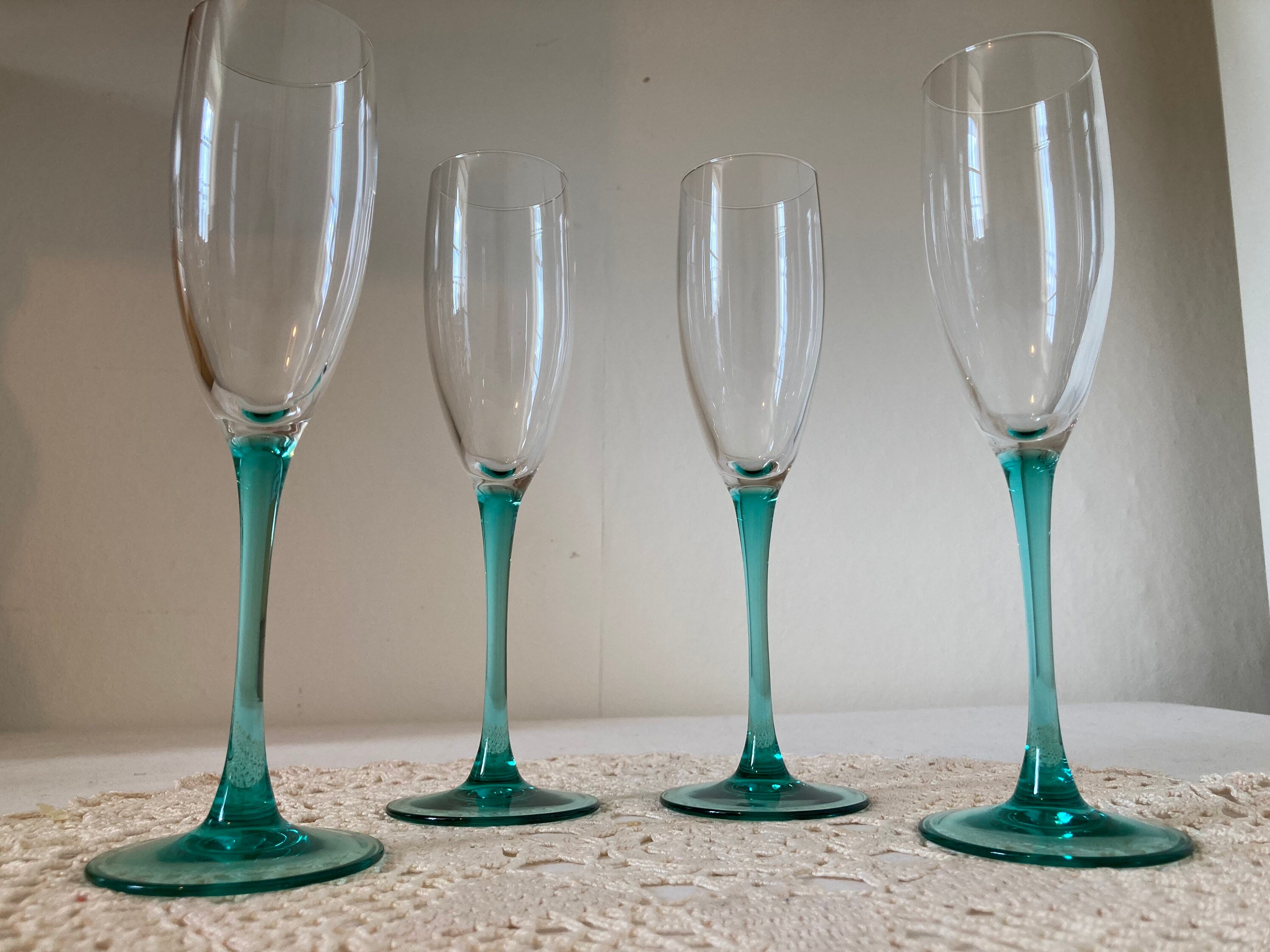 Français Vintage Turquoise Stem Luminarc Wine Flutes Champagne Verres Set de 4 Four