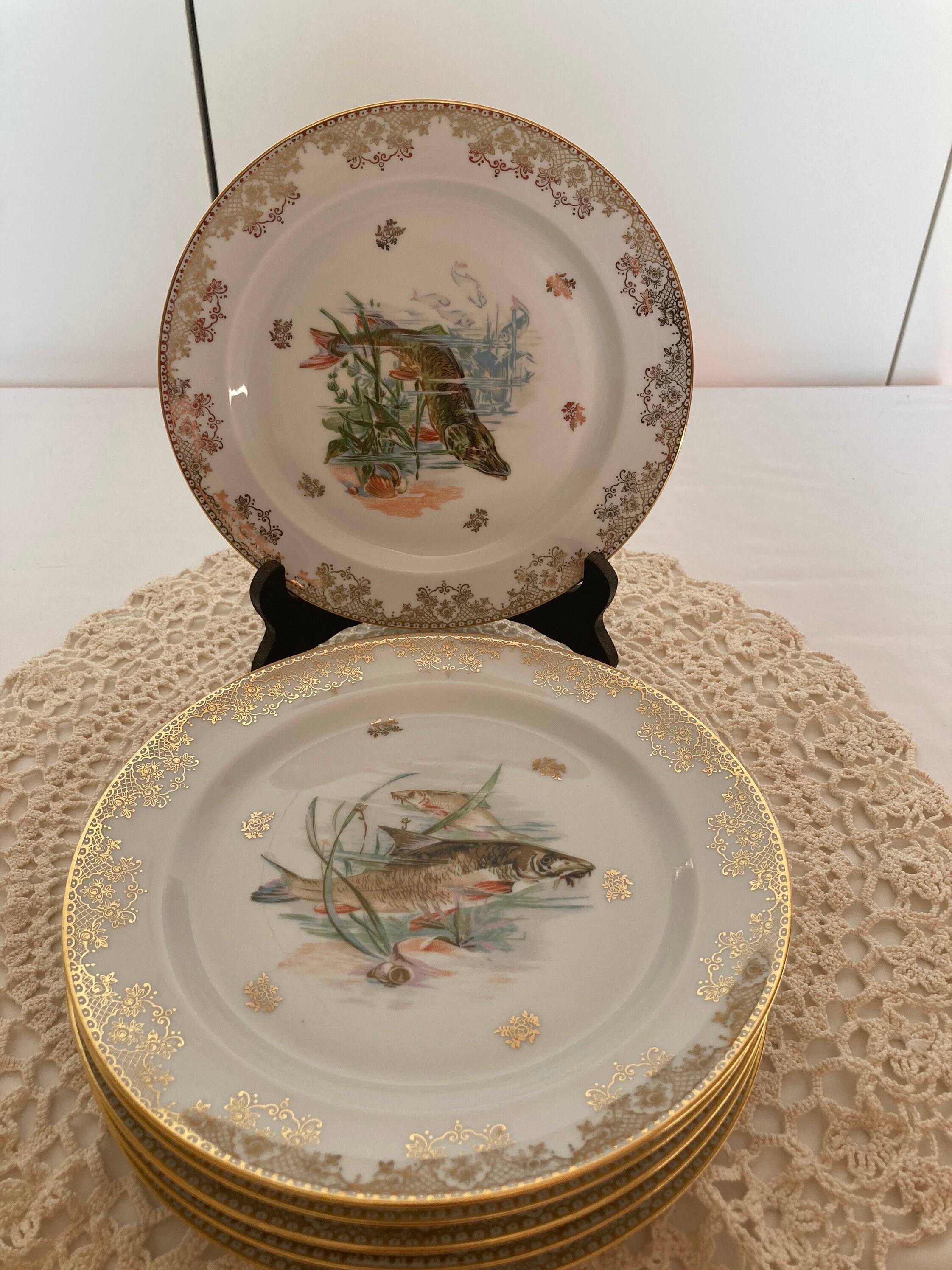 Français Vintage Limoges Ensemble de 6 Plaques Poisson Blanc Du Milieu Siècle avec Bordure Dorée et 