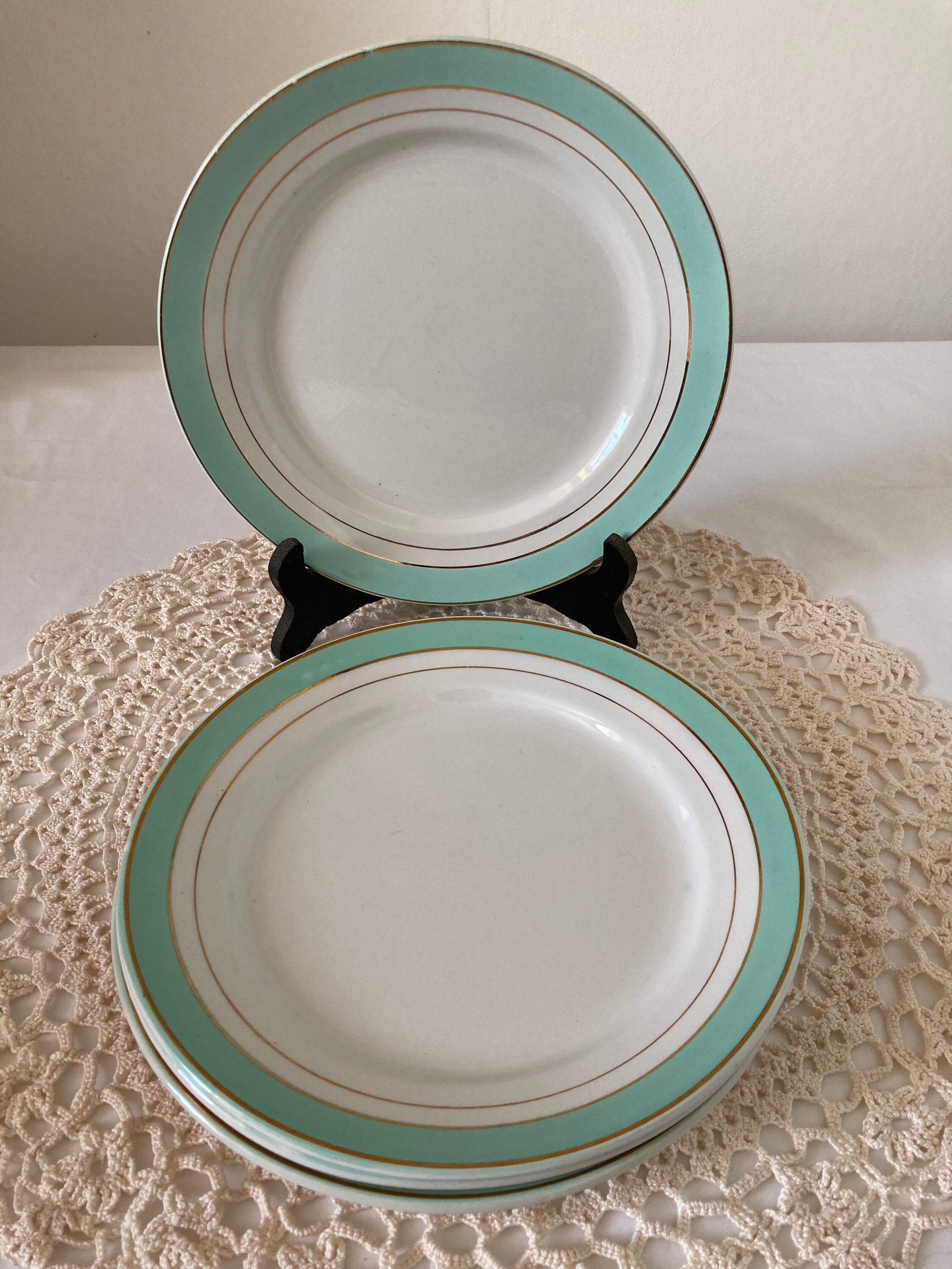 Pretty Set Of 4 Français Antique Kg Luneville Diner Plates Epinay Design Aqua Green & Gold Trim From